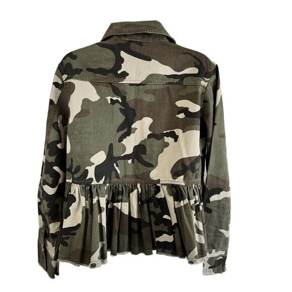 Lea & Viola Womens Jacket S Camo Peplum Zip Front Raw Hem Frayed Edge Utility - Picture 2 of 11